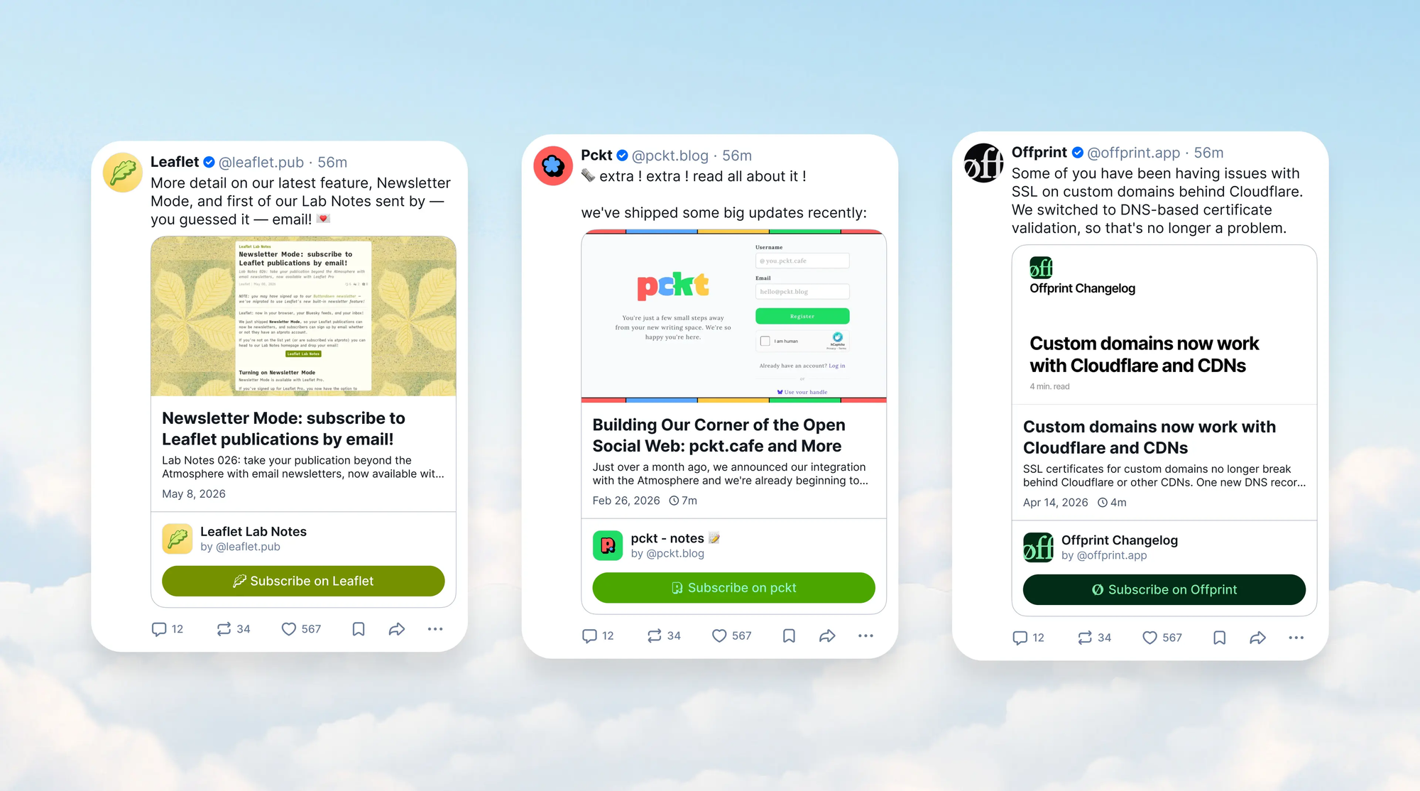 Screenshot of the Bluesky app with the new enhanced Standard.site preview, showcasing posts from Leaflet, pckt.blog, and Offprint
