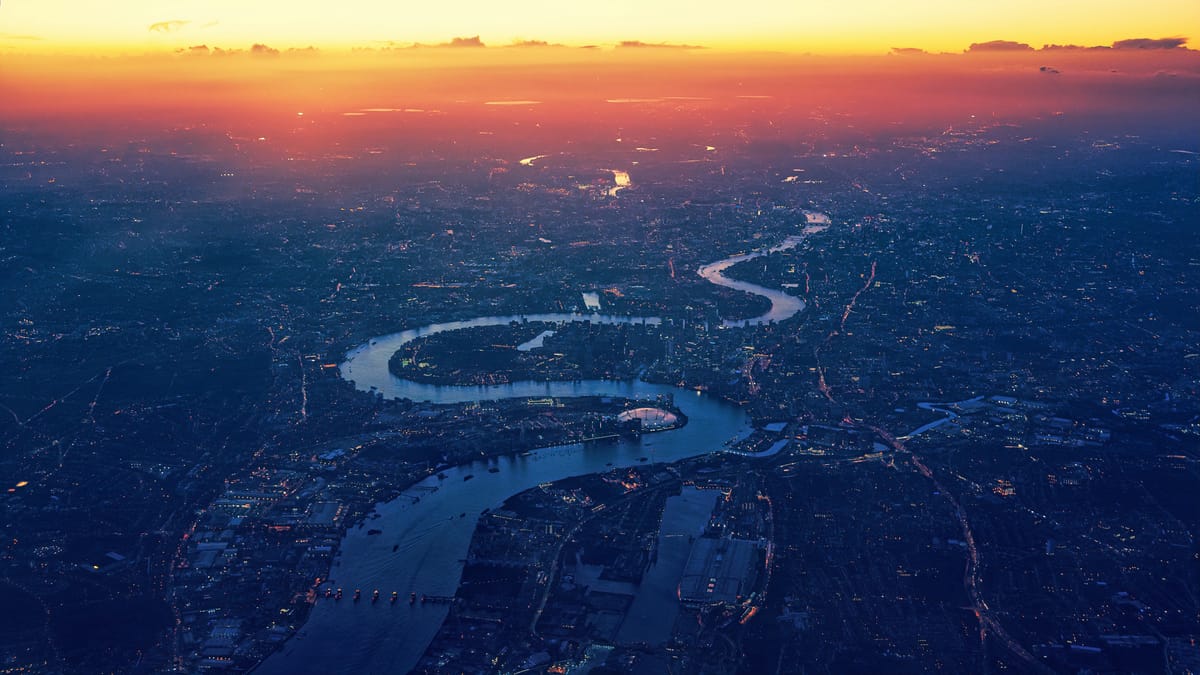 Aerial view of the River Thames during sunset