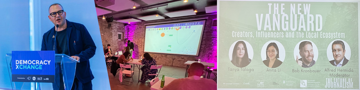 Composite of 3 images showing Cory Doctorow speaking, a workshop, and a panel for the Future of Journalism