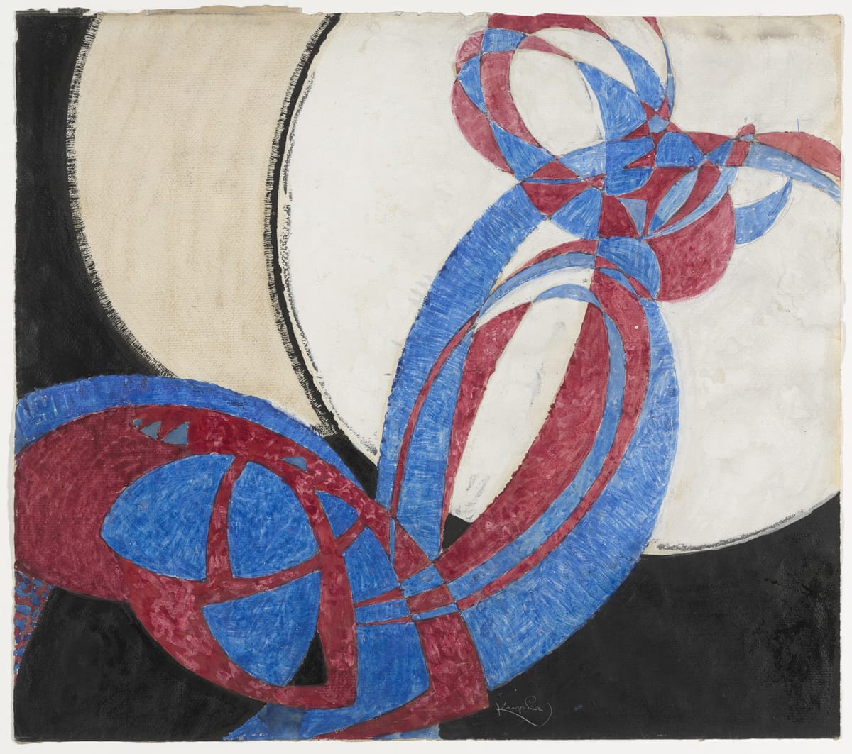 a painting showing arcing lines of blue and red merging and twisting upwards to the right