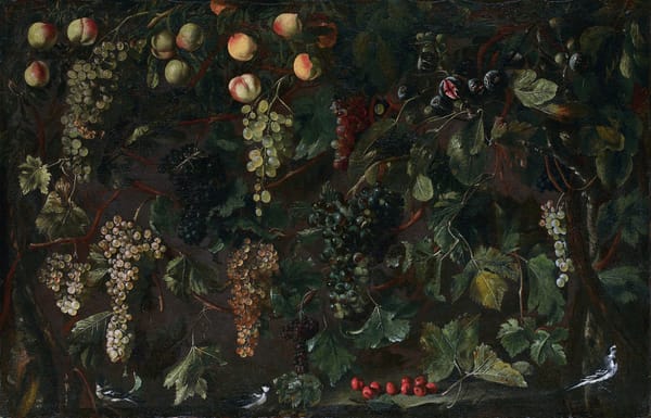 Oil painting of many grapes and fruits all on vines