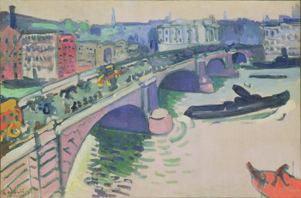 Fauve painting by Andre Derain showing a curved bridge over the Thames in London with colorful buildings, people, and boats