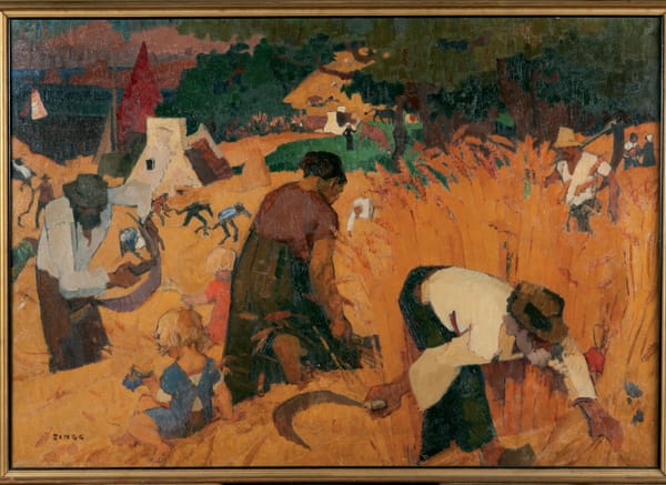painting of workers in a field threshing