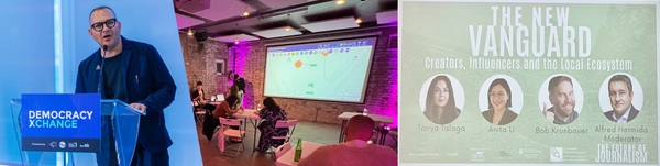 Composite of 3 images showing Cory Doctorow speaking, a workshop, and a panel for the Future of Journalism