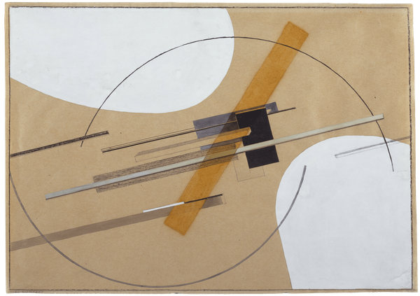 Abstract drawing in multiple media showing straight and curved lines penetrating shapes
